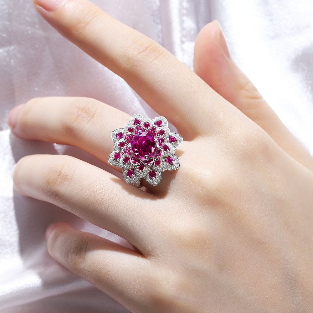 Luxury Flower S925 Silver Pink Sapphire Ring