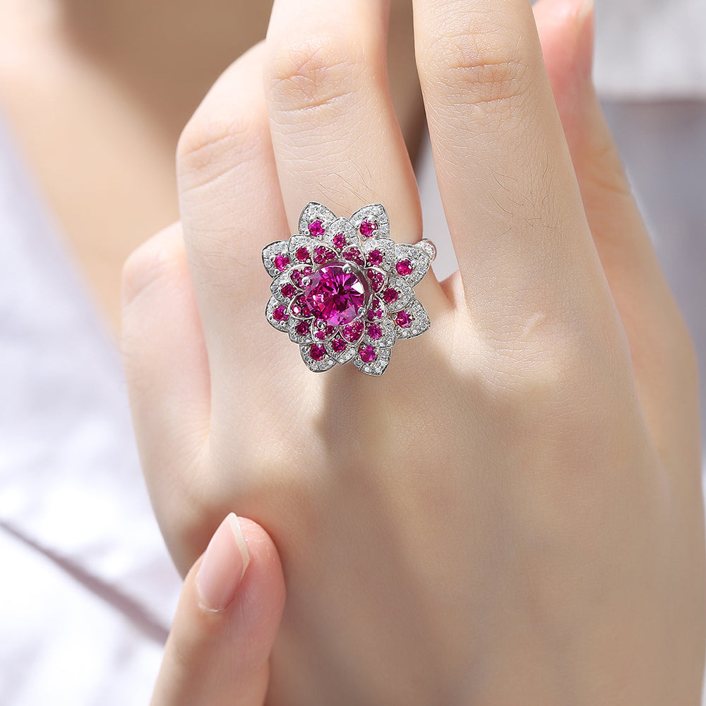 Luxury Flower S925 Silver Pink Sapphire Ring