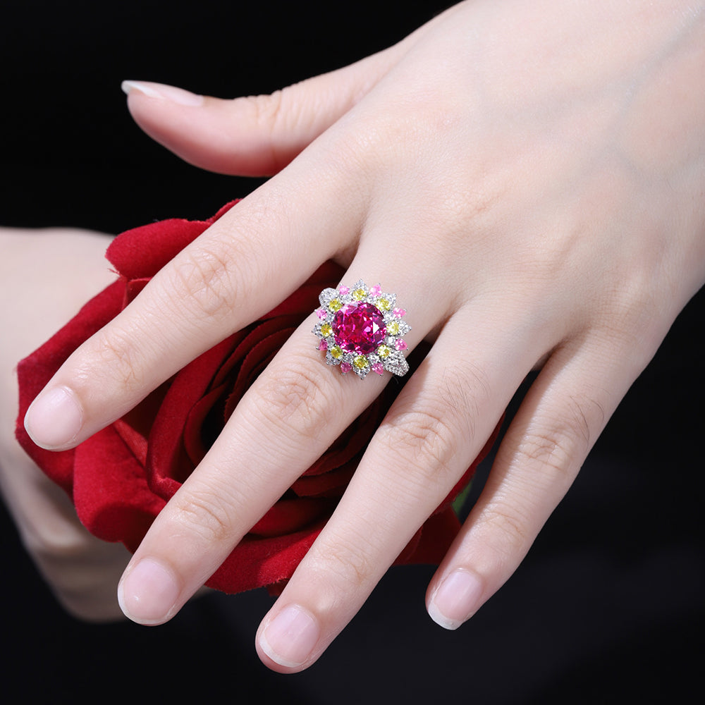 4.35ct Luxury Flower S925 Silver Pink Sapphire Ring