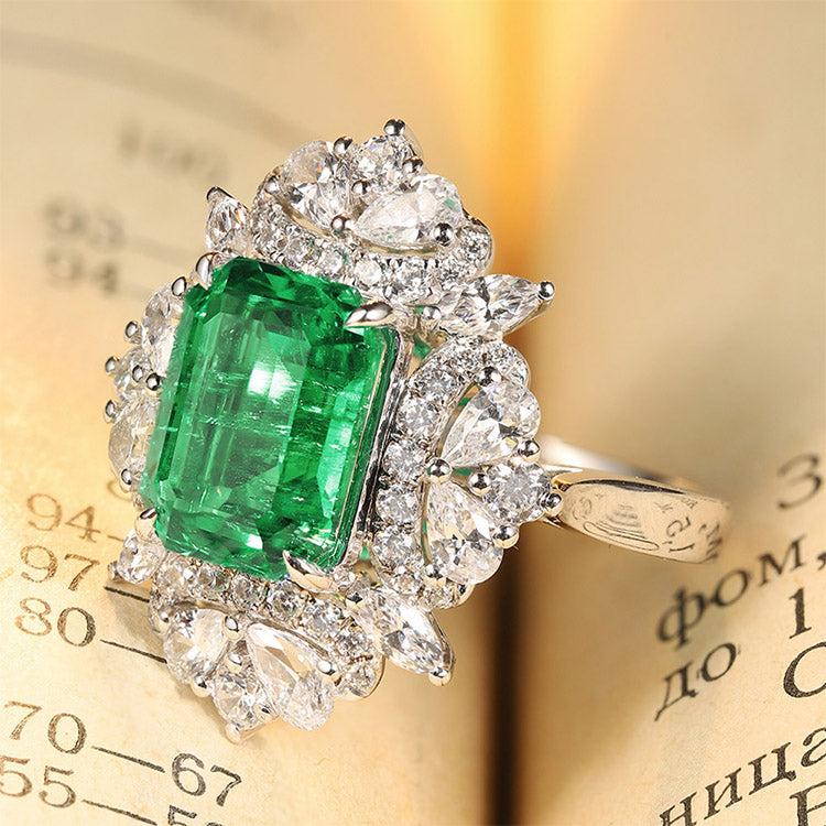 3.18 CTW Victorian Lab Grown Emerald 18K Gold Ring plated