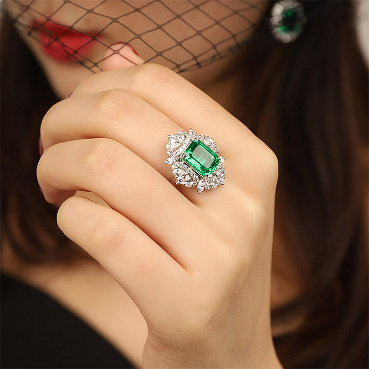 3.18 CTW Victorian Lab Grown Emerald 18K Gold Ring plated
