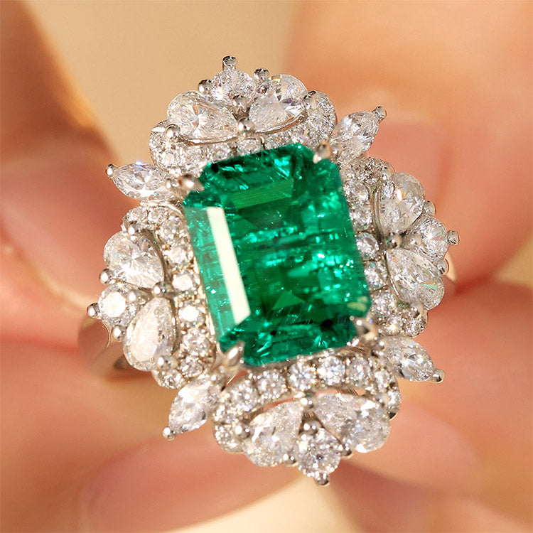 3.18 CTW Victorian Lab Grown Emerald 18K Gold Ring plated