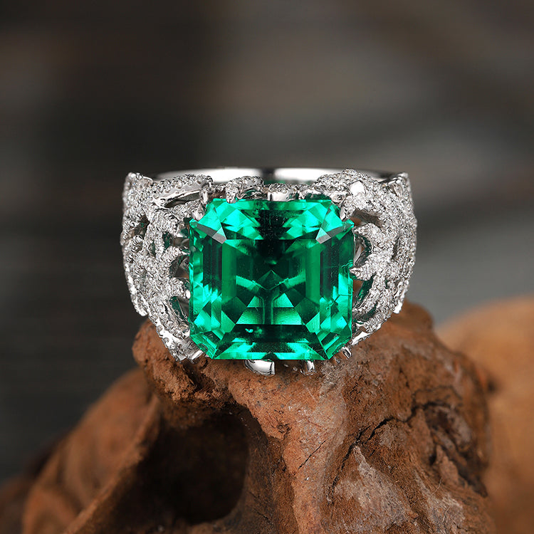 8.5 CTW Asscher Lab Grown Emerald 18K Gold Ring plated