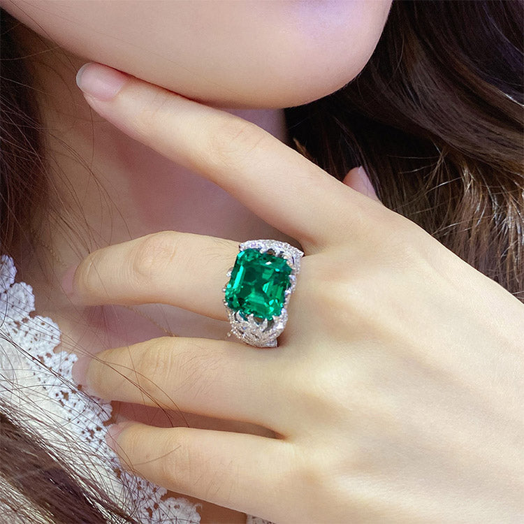 8.5 CTW Asscher Lab Grown Emerald 18K Gold Ring plated