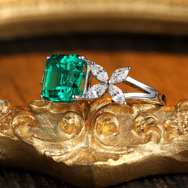 ANSTER JEWELRY 1.5 CTW Victorian Lab Grown Emerald 18K Gold Ring plated